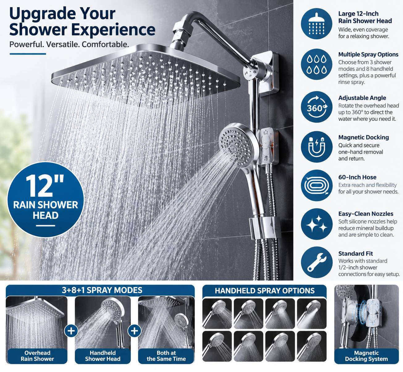 12-Inch High-Pressure Rain Shower Head & Handheld Combo – 12 Spray Options, Magnetic Dock & 60-Inch Hose